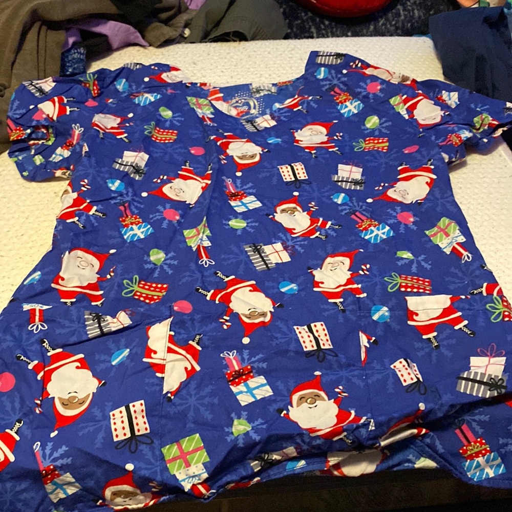Blue Christmas womens small scrub top